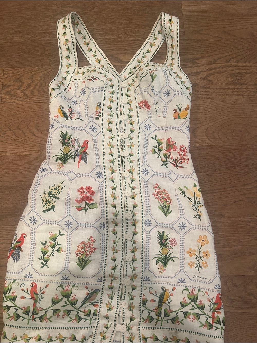 FARM Rio White Midi Dress with Multicolor Floral & Parrot Motif